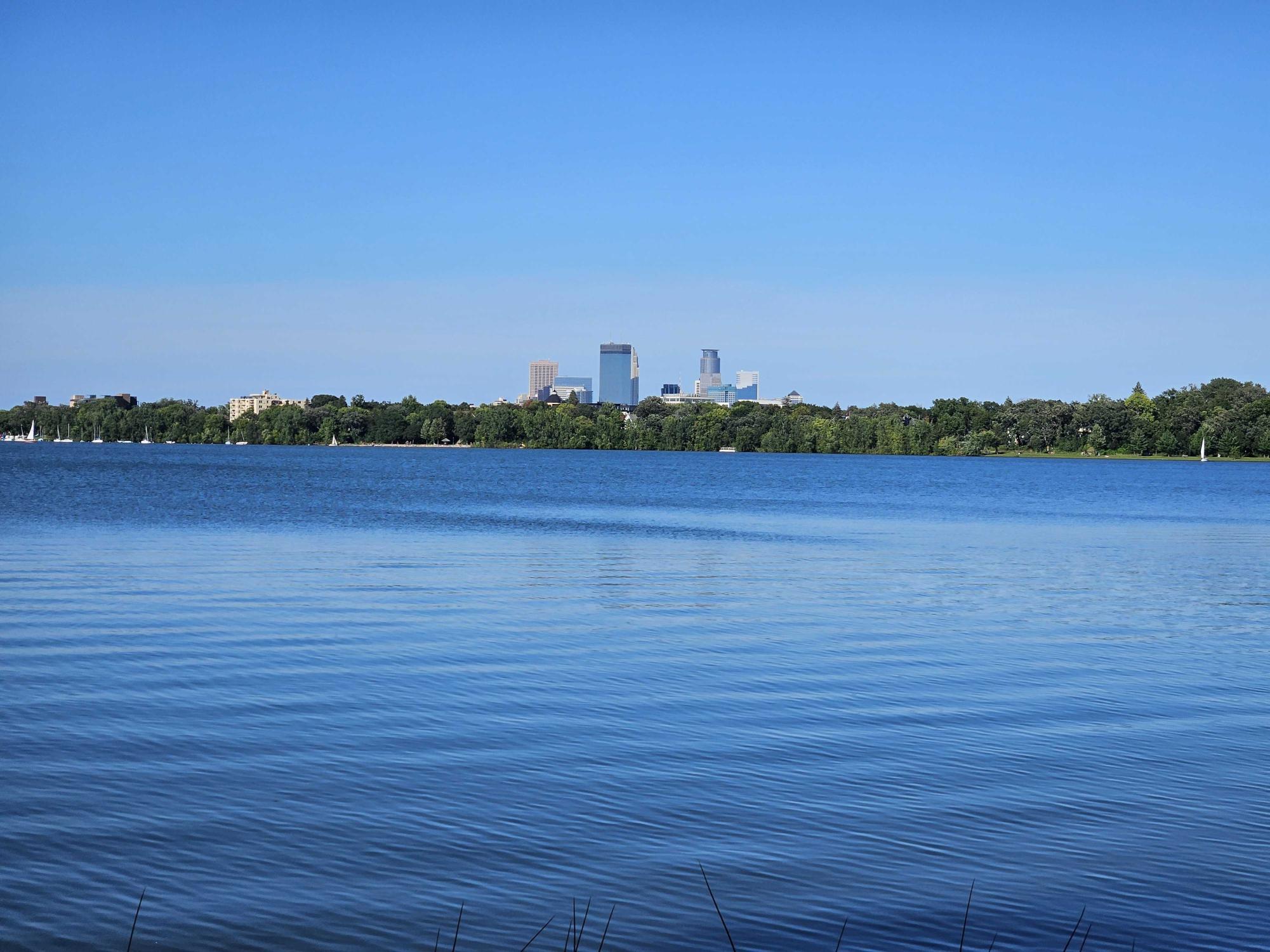 A view of the downtown Minneapolis skyline taken from Bde Maka Ska.